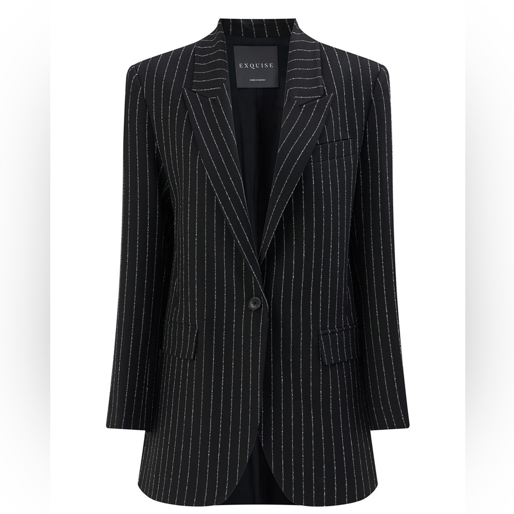Anthropologie Oversized chalkstripe blazer. 65% poly 33% viscose. Made in Turkey